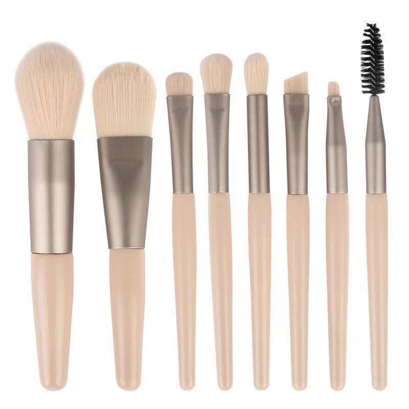 Set 8 Pensule Machiaj Mini Portabile, Kit Profesional pentru Pudra, Fard si Fond de Ten, Manere Ergonomice, Accesorii Aplicare Masti si Skin Care, Include Husa de Depozitare, Bej