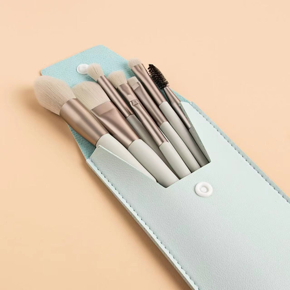 Set 8 Pensule Machiaj Mini, Portabil Pentru Voiaj, Peri Moi Din Silicon Si Sintetic, Maner Plastic, Include Husa Depozitare, Verde Menta, 8 Piese