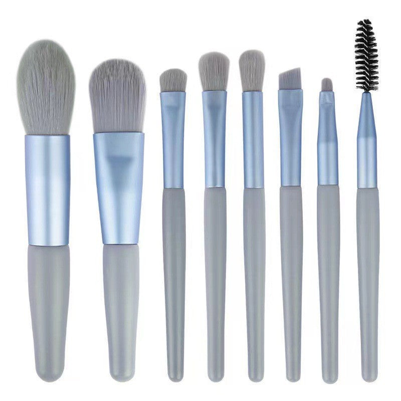 Set 8 Pensule Machiaj Mini Portabile, Kit Profesional pentru Ochi si Fata, Maner Plastic si Peri Moi, cu Husa de Depozitare, Albastru