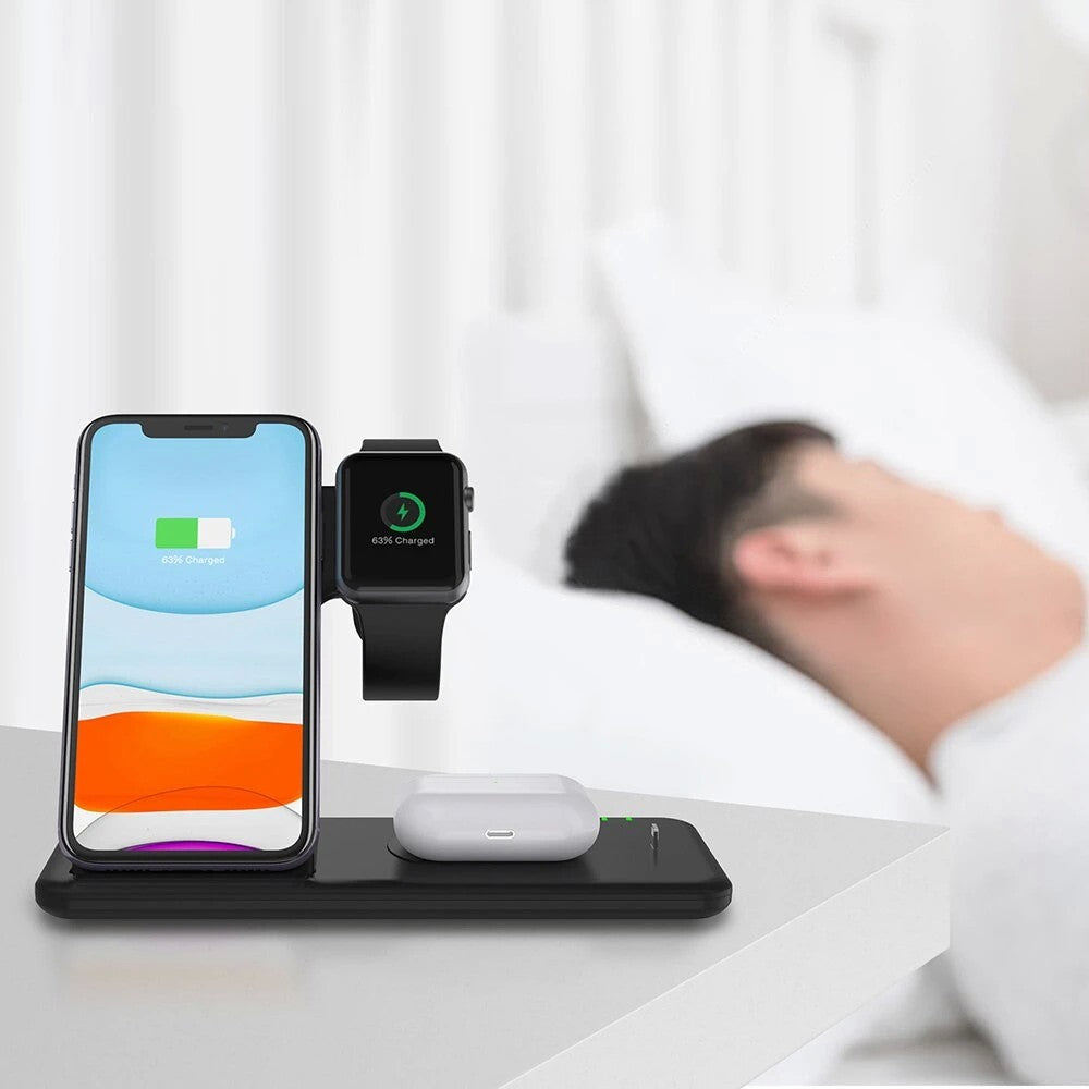 Incarcator Wireless Fast Charge 4 In 1, Statie Incarcare Rapida 15W, Design Pliabil, Compatibil iPhone, Apple Watch, Airpods, Samsung si Android, Negru