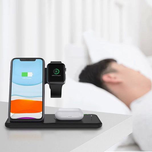 Incarcator Wireless Fast Charge 4 In 1, Statie Incarcare Rapida 15W, Design Pliabil, Compatibil iPhone, Apple Watch, Airpods, Samsung si Android, Negru