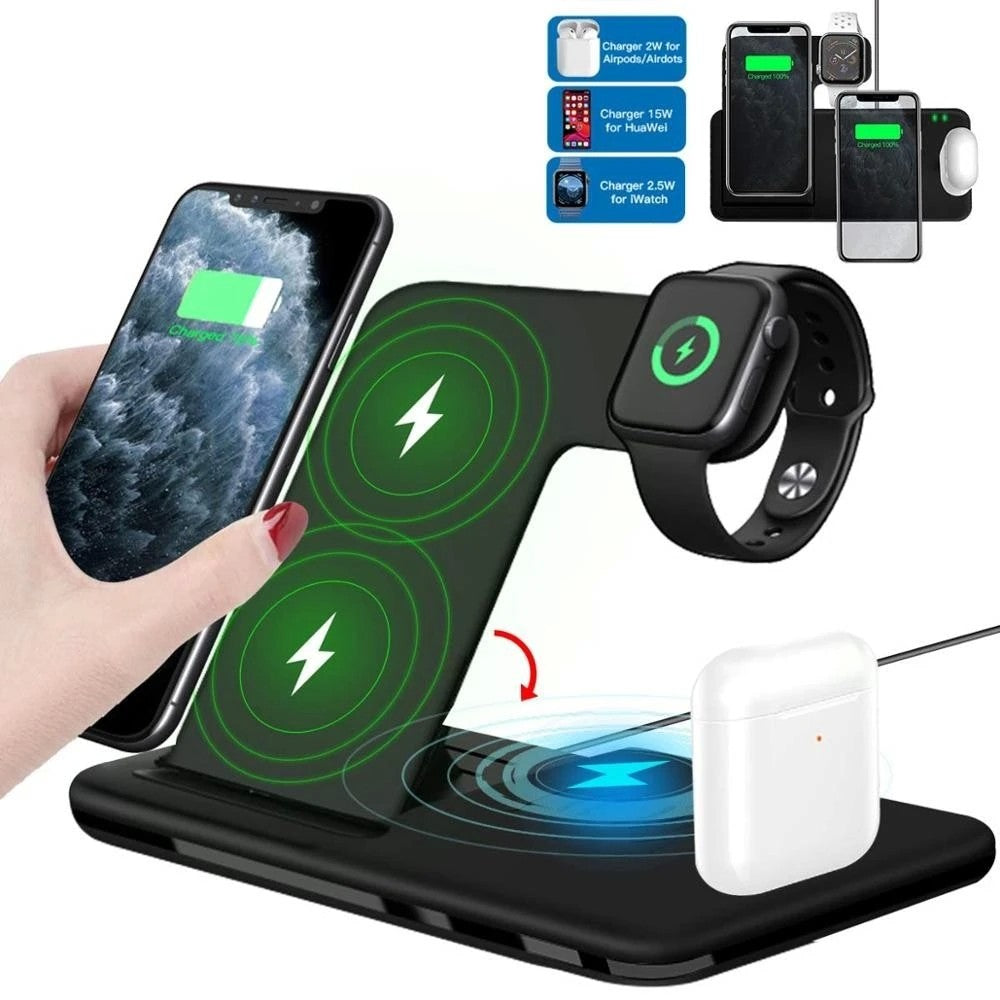 Incarcator Wireless Fast Charge 4 In 1, Statie Incarcare Rapida 15W, Design Pliabil, Compatibil iPhone, Apple Watch, Airpods, Samsung si Android, Negru