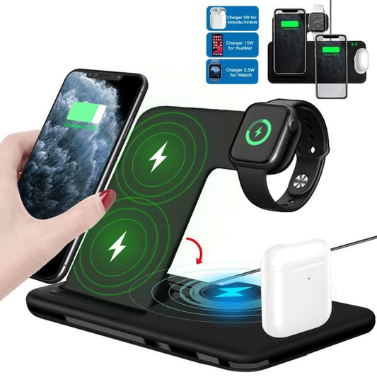Incarcator Wireless Fast Charge 4 In 1, Statie Incarcare Rapida 15W, Design Pliabil, Compatibil iPhone, Apple Watch, Airpods, Samsung si Android, Negru