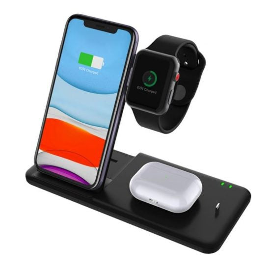 Incarcator Wireless Fast Charge 4 In 1, Statie Incarcare Rapida 15W, Design Pliabil, Compatibil iPhone, Apple Watch, Airpods, Samsung si Android, Negru