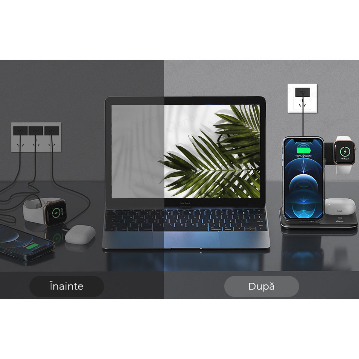 Statie Incarcare Wireless 3 In 1, Incarcator Qi Fast Charge 15W, Stand Pliabil Vertical si Orizontal, Compatibil iPhone, Apple Watch, Airpods, Samsung, Include Cablu USB-C, Negru