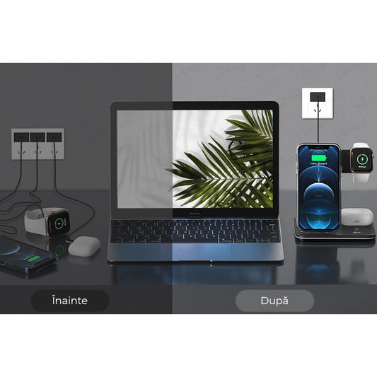 Statie Incarcare Wireless 3 In 1, Incarcator Qi Fast Charge 15W, Stand Pliabil Vertical si Orizontal, Compatibil iPhone, Apple Watch, Airpods, Samsung, Include Cablu USB-C, Negru