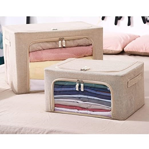 Cutie Depozitare Haine si Pilote, Organizator Pliabil cu Cadru Metalic si Fermoar, 2 Ferestre Transparente, Bumbac si In, 100 L, 60x42x40 cm, Crem