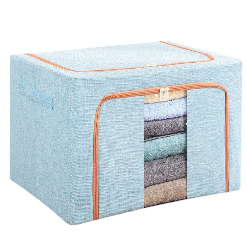 Cutie Depozitare Pliabila Cu Fermoar, Organizator Haine Si Jucarii, Cadru Metalic Si Fereastra Transparenta, Textil Bumbac Si In, 100 L, 60x42x40 cm, Bleu