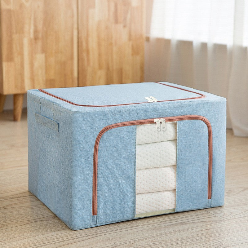 Cutie Depozitare Pliabila Cu Fermoar, Organizator Haine Si Jucarii, Cadru Metalic Si Fereastra Transparenta, Textil Bumbac Si In, 100 L, 60x42x40 cm, Bleu