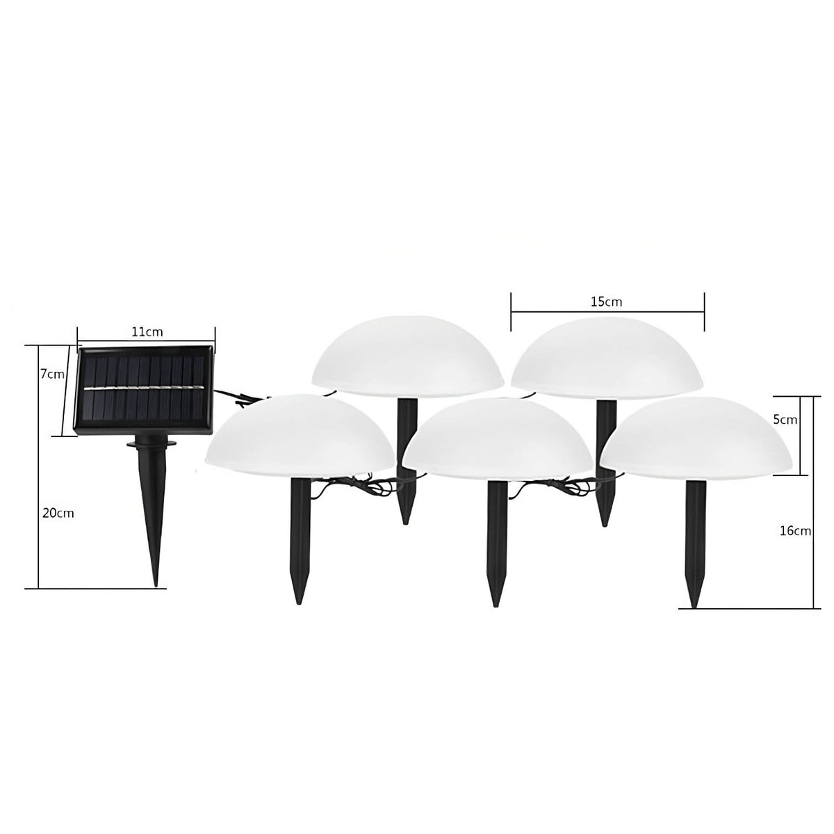 Lampa Solara de Gradina in Forma de Ciuperci, Set 5 Bucati, Lumina Calda 3000K, Autonomie 10 Ore, Panou Solar 5.5V, Plastic Rezistent, 15 x 16 cm