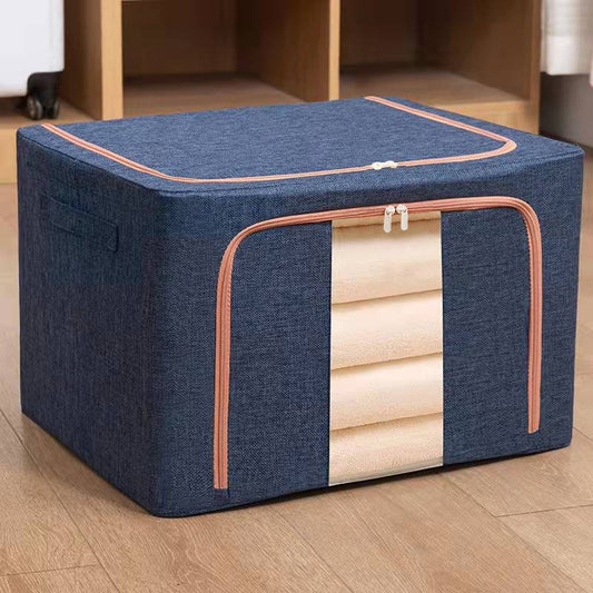 Cutie de Depozitare Pliabila pentru Haine si Jucarii, Organizator cu Fermoar si Cadru Metalic, Bumbac si In, 100 L, 60x42x40 cm, Albastru Marin