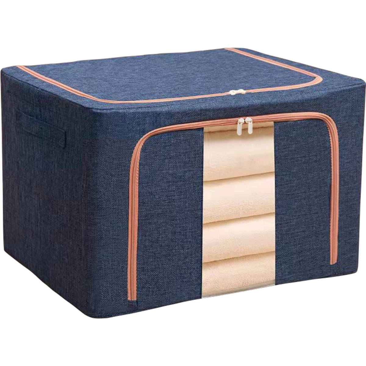 Cutie de Depozitare Pliabila pentru Haine si Jucarii, Organizator cu Fermoar si Cadru Metalic, Bumbac si In, 100 L, 60x42x40 cm, Albastru Marin