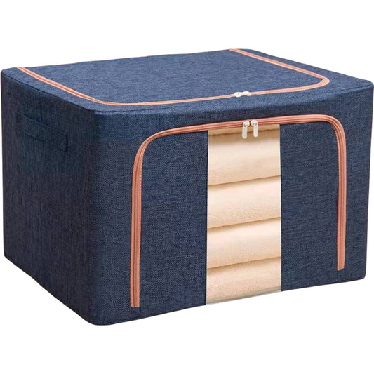 Cutie de Depozitare Pliabila pentru Haine si Jucarii, Organizator cu Fermoar si Cadru Metalic, Bumbac si In, 100 L, 60x42x40 cm, Albastru Marin