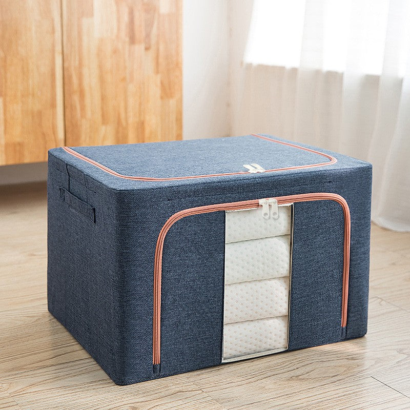 Cutie de Depozitare Pliabila pentru Haine si Jucarii, Organizator cu Fermoar si Cadru Metalic, Bumbac si In, 100 L, 60x42x40 cm, Albastru Marin