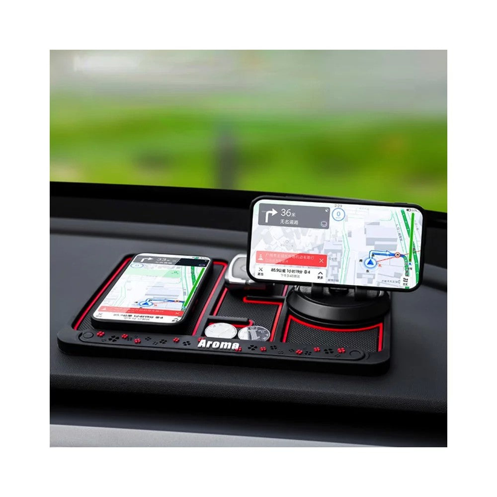 Covoras Auto Antiderapant 4 in 1, Suport Telefon Rotativ 360 Grade, Slot Odorizant si Placuta Numar Parcare, Silicon Universal pentru Bord, Negru