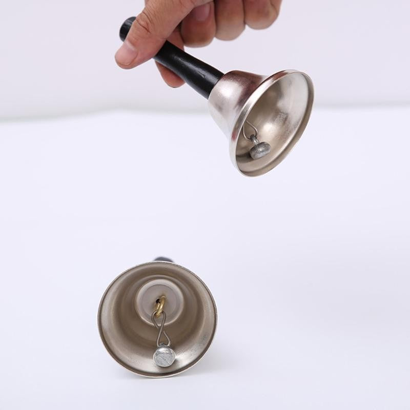 Clopotel de Mana, Clopotal Metalic Argintiu cu Maner din Lemn, Constructie din Fier, pentru Craciun sau Evenimente, 12 cm Lungime x 6.5 cm Diametru