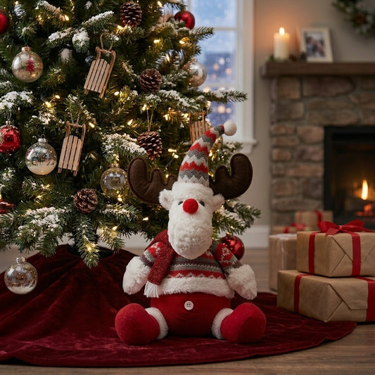 Ren de Pluș Festiv cu Pulover Tricotat și Nas Roșu, Decorațiune de Crăciun pentru Interior, Material Textil Catifelat, 38 cm, Multicolor