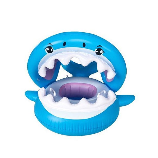 Colac de Inot Gonflabil pentru Copii, Model Rechin cu Chilot Tip Scaunel, Valva de Siguranta, Material PVC Rezistent, Albastru, 90 cm