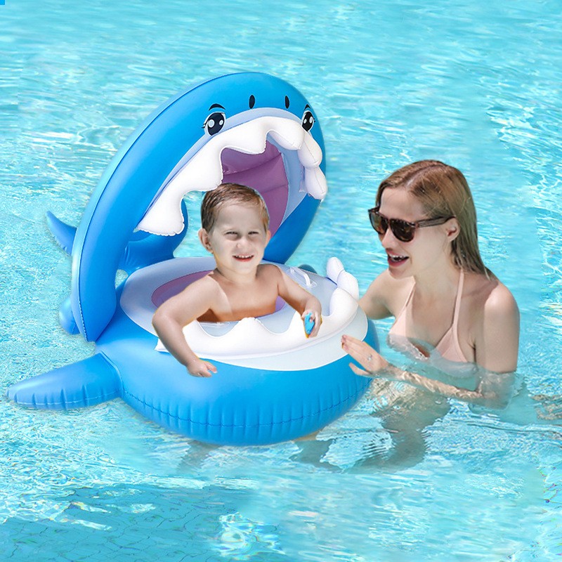 Colac de Inot Gonflabil pentru Copii, Model Rechin cu Chilot Tip Scaunel, Valva de Siguranta, Material PVC Rezistent, Albastru, 90 cm