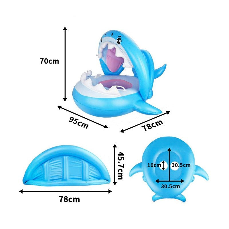 Colac de Inot Gonflabil pentru Copii, Model Rechin cu Chilot Tip Scaunel, Valva de Siguranta, Material PVC Rezistent, Albastru, 90 cm