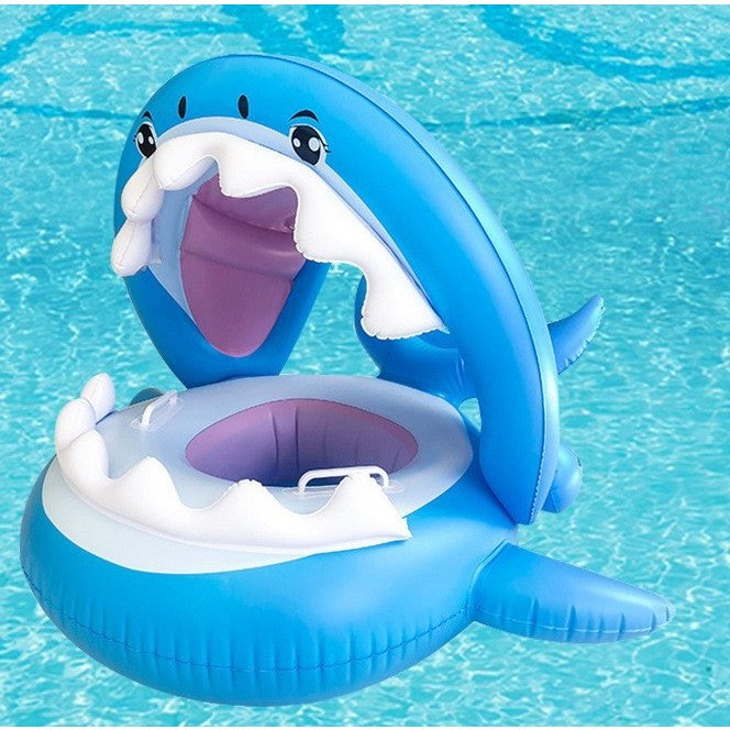 Colac de Inot Gonflabil pentru Copii, Model Rechin cu Chilot Tip Scaunel, Valva de Siguranta, Material PVC Rezistent, Albastru, 90 cm