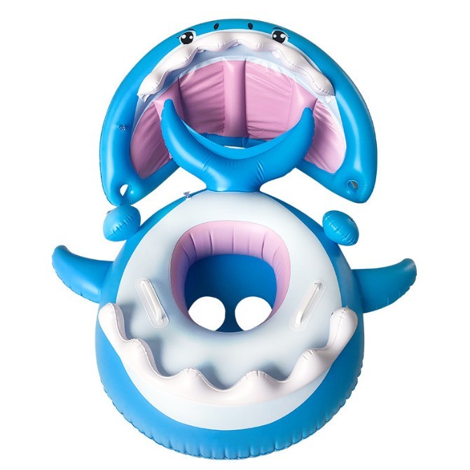 Colac de Inot Gonflabil pentru Copii, Model Rechin cu Chilot Tip Scaunel, Valva de Siguranta, Material PVC Rezistent, Albastru, 90 cm