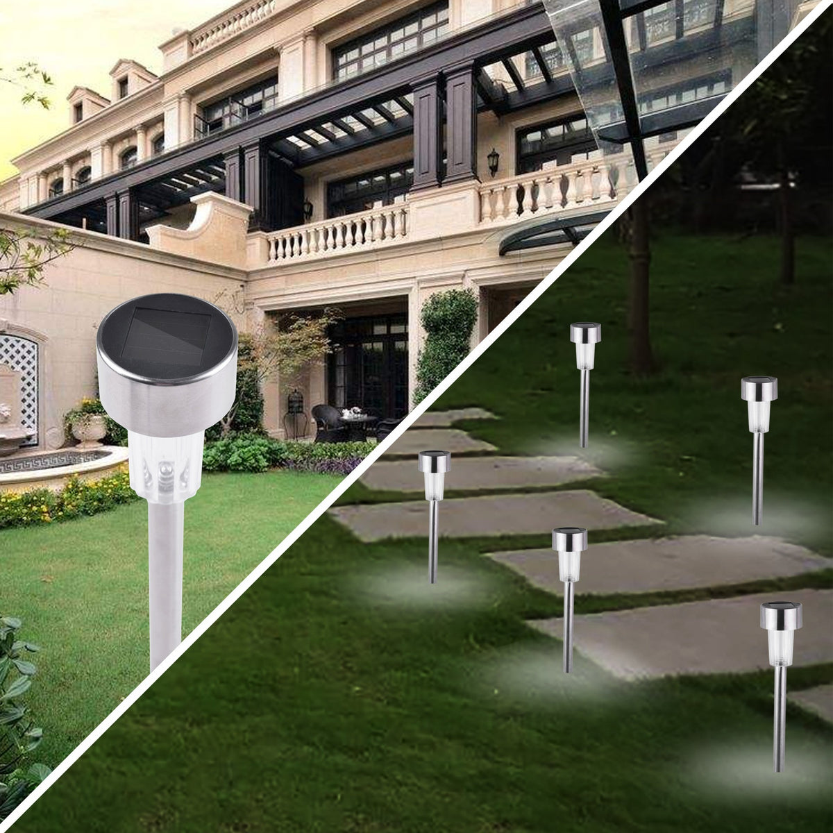 Set 10 Lampi Solare LED pentru Gradina, Rezistente la Intemperii IP44, Lumina Alb Rece 6500K, Autonomie 6 Ore, Plastic ABS, 5.5 x 36.5 cm, Argintiu