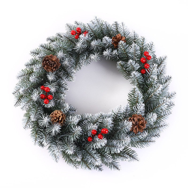 Coronita Craciun Decorativa din Brad Artificial, Ornamente cu Conuri si Merisoare, Decor de Usa sau Masa, Alb si Verde, 60 cm