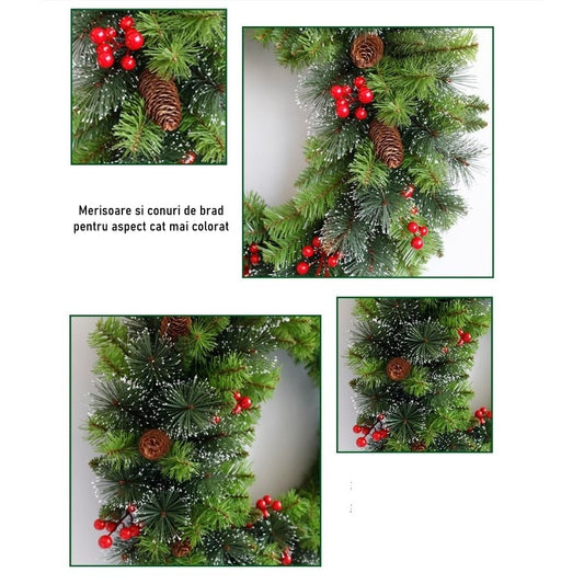 Coronita Craciun Decorativa din Brad Artificial, Ornamente Conuri si Merisoare, Decor Usa sau Perete, Verde, 60 cm