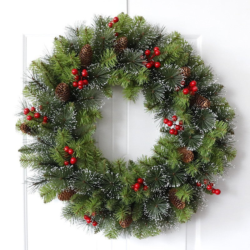Coronita Craciun Decorativa din Brad Artificial, Ornamente Conuri si Merisoare, Decor Usa sau Perete, Verde, 60 cm