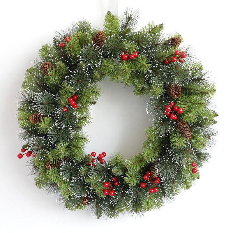 Coronita Craciun Decorativa din Brad Artificial, Ornamente Conuri si Merisoare, Decor Usa sau Perete, Verde, 60 cm