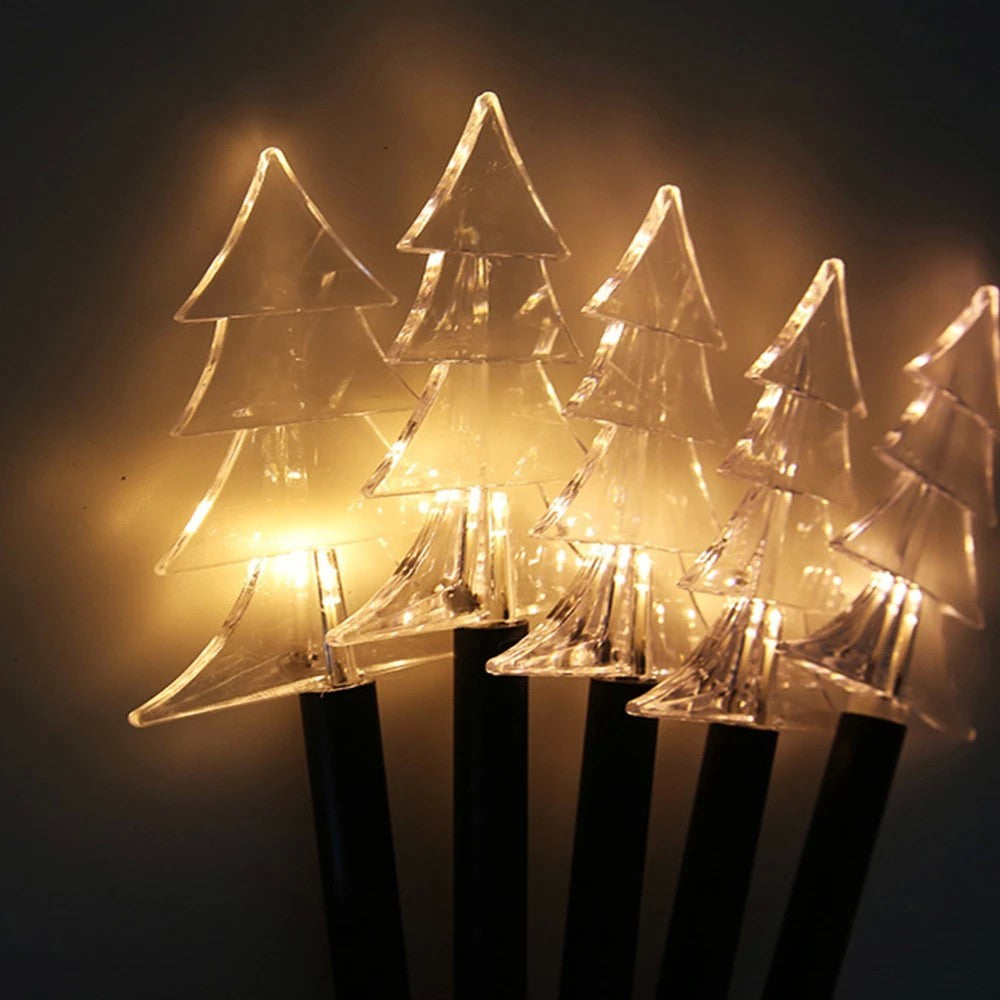 Set 5 Lampi LED de Exterior in Forma de Brad, Iluminat Decorativ de Gradina, Alimentare cu Baterii, Plastic, 35.5 cm, Alb Cald