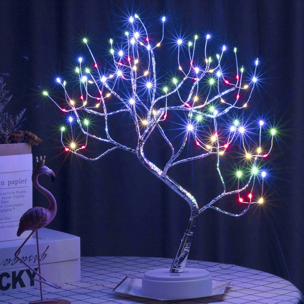 Lampă de Veghe LED Model Copac, Iluminare Ambientală Decorativă, Ramuri Flexibile din Cupru, Alimentare USB sau 3 Baterii AA, Multicolor
