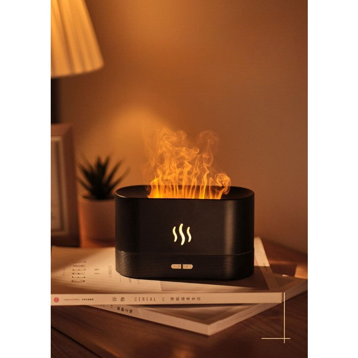 Difuzor Aromaterapie Cu Ultrasunete, Umidificator Aer Cu Efect Flacara Si Lumina Ambientala, Rezervor 180 ml, Plastic, Negru