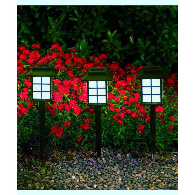 Lampa Solara Gradina Tip Felinar, Set 2 Bucati, LED Lumina Albastra, Senzor Amurg, Autonomie 8 Ore, Plastic, 38 x 8.6 x 8.6 cm, Negru