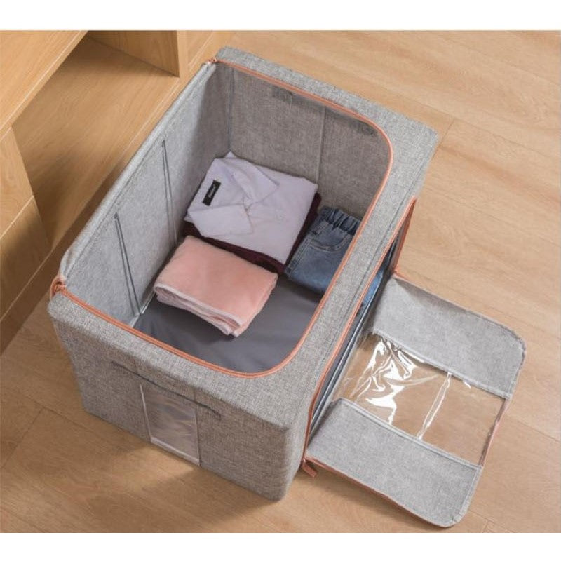 Cutie Depozitare Pliabila Pentru Haine, Organizator Stivuibil Cu Cadru Metalic Si Fermoar Dublu, Fereastra Transparenta, Material Textil Oxford, 100 L, 60x42x40 cm, Gri