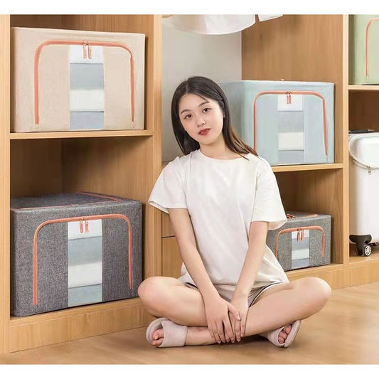 Cutie de Depozitare Pliabila, Organizator Haine si Jucarii cu Cadru Metalic, Material Textil Bumbac si In, Fereastra Frontala si 2 Usi cu Fermoar, 24 L, 40x30x20 cm, Gri