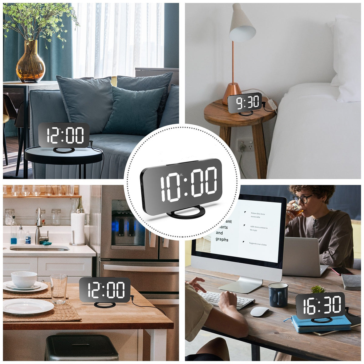 Ceas Digital cu LED si Alarma, Ecran Tip Oglinda pentru Machiaj, 2 Porturi USB pentru Incarcare Telefon, Functie Snooze, Alimentare USB, Plastic, 15.8 cm, Negru