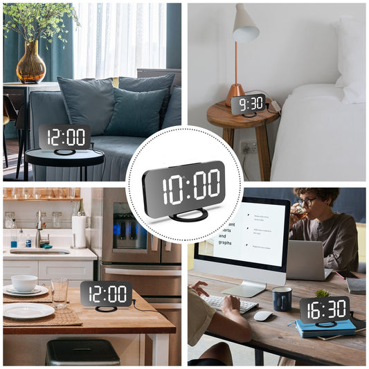 Ceas Digital cu LED si Alarma, Ecran Tip Oglinda pentru Machiaj, 2 Porturi USB pentru Incarcare Telefon, Functie Snooze, Alimentare USB, Plastic, 15.8 cm, Negru