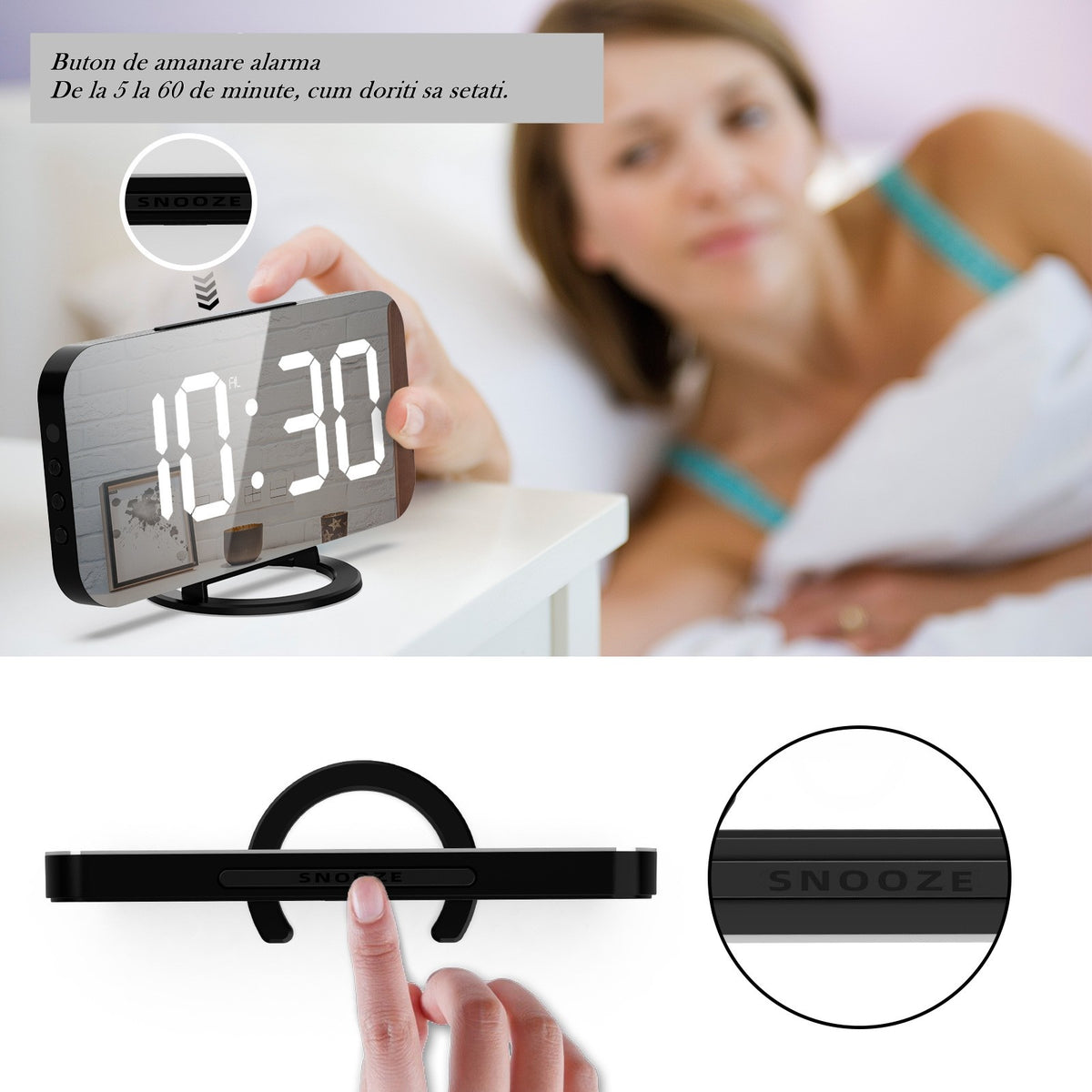 Ceas Digital cu LED si Alarma, Ecran Tip Oglinda pentru Machiaj, 2 Porturi USB pentru Incarcare Telefon, Functie Snooze, Alimentare USB, Plastic, 15.8 cm, Negru