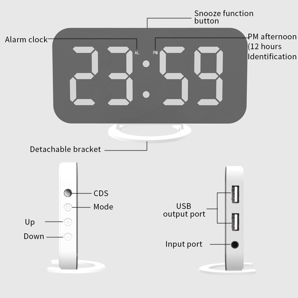 Ceas Digital cu LED si Alarma, Ecran Tip Oglinda pentru Machiaj, 2 Porturi USB pentru Incarcare Telefon, Functie Snooze, Alimentare USB, Plastic, 15.8 cm, Negru