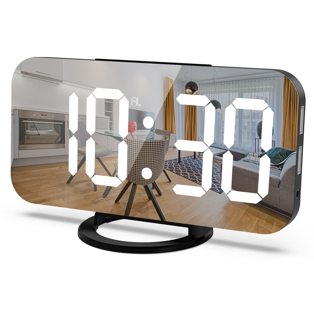 Ceas Digital cu LED si Alarma, Ecran Tip Oglinda pentru Machiaj, 2 Porturi USB pentru Incarcare Telefon, Functie Snooze, Alimentare USB, Plastic, 15.8 cm, Negru