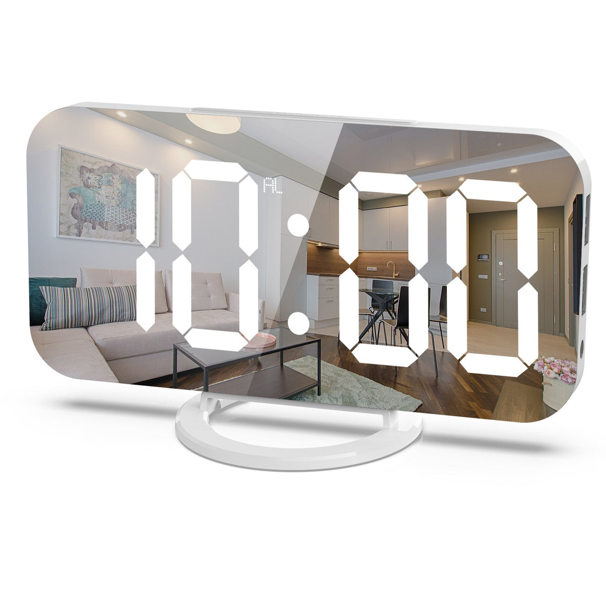 Ceas Digital cu LED si Alarma, Ecran Tip Oglinda pentru Machiaj, 2 Porturi USB de Incarcare, Functie Snooze, Alimentare USB, Plastic, 15.8 cm, Alb