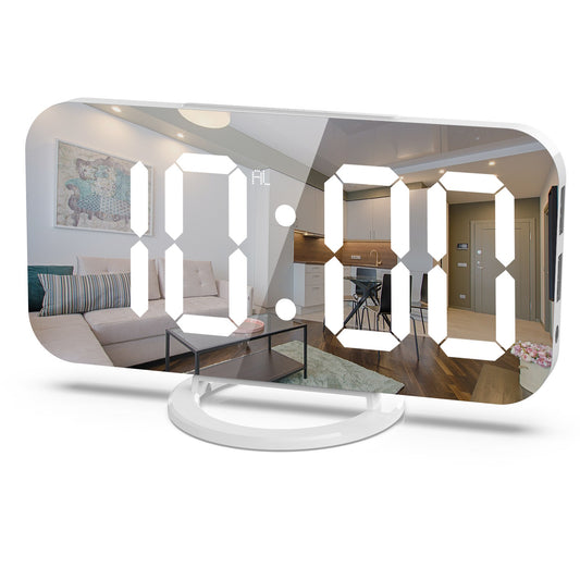 Ceas Digital cu LED si Alarma, Ecran Tip Oglinda pentru Machiaj, 2 Porturi USB de Incarcare, Functie Snooze, Alimentare USB, Plastic, 15.8 cm, Alb