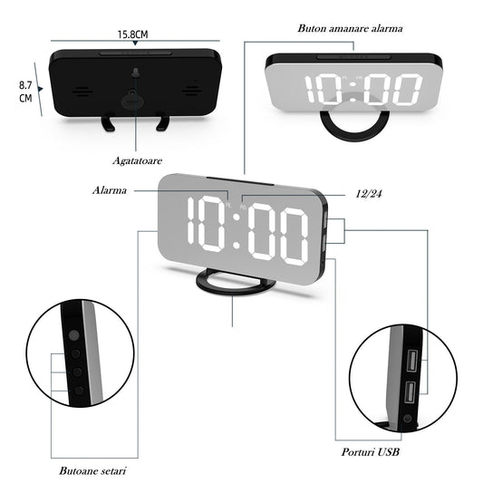 Ceas Digital cu LED si Alarma, Ecran Tip Oglinda pentru Machiaj, 2 Porturi USB de Incarcare, Functie Snooze, Alimentare USB, Plastic, 15.8 cm, Alb