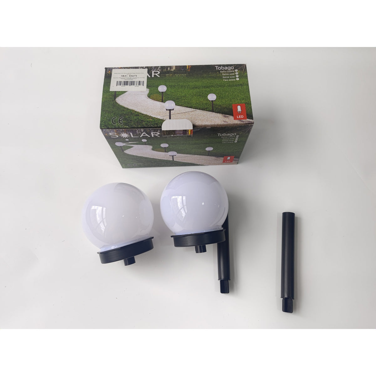 Set 2 Lampi Solare LED Tip Glob, Iluminat Gradina cu Senzor Crepuscular si Tarus Fixare, Plastic ABS, IP44 Rezistent la Apa, Diametru 10 cm, Lumina Alb Rece