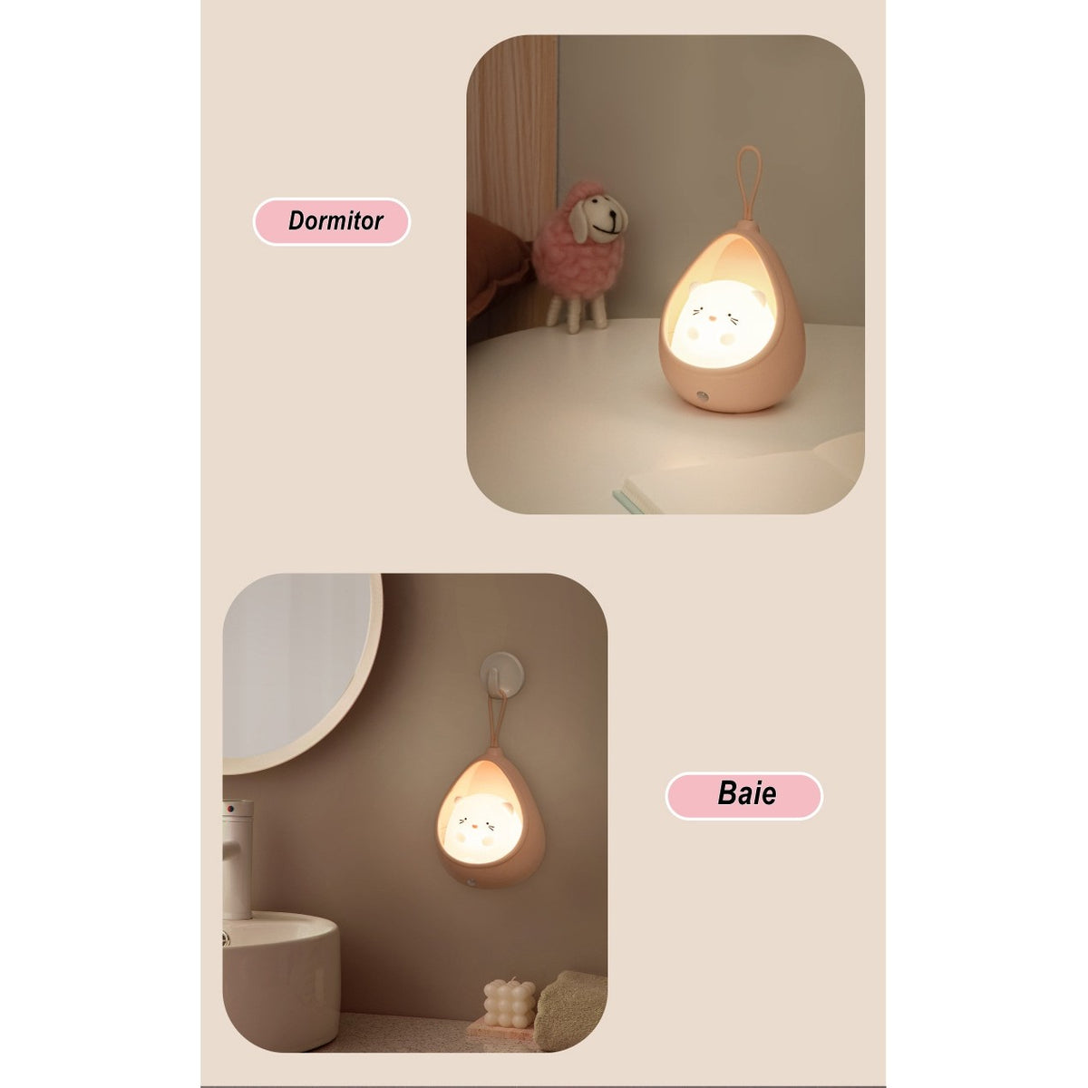Lampa De Veghe Portabila Pentru Copii Cu Senzor De Miscare, Silicon Non-Toxic Reincarcabil USB, 2 Moduri De Functionare, Model Iepuras, Alb, 1200mAh