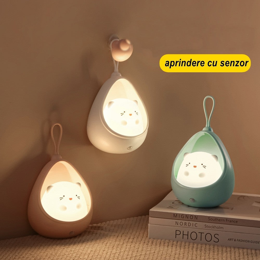 Lampa De Veghe Portabila Pentru Copii Cu Senzor De Miscare, Silicon Non-Toxic Reincarcabil USB, 2 Moduri De Functionare, Model Iepuras, Alb, 1200mAh