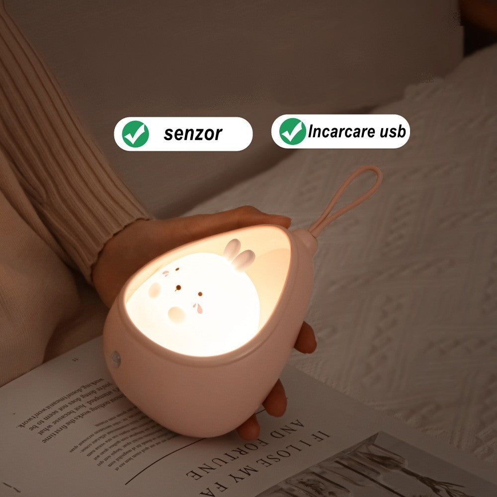 Lampa De Veghe Portabila Pentru Copii Cu Senzor De Miscare, Silicon Non-Toxic Si Plastic, Reincarcabila USB, Acumulator 1200mAh, Model Iepuras, Roz