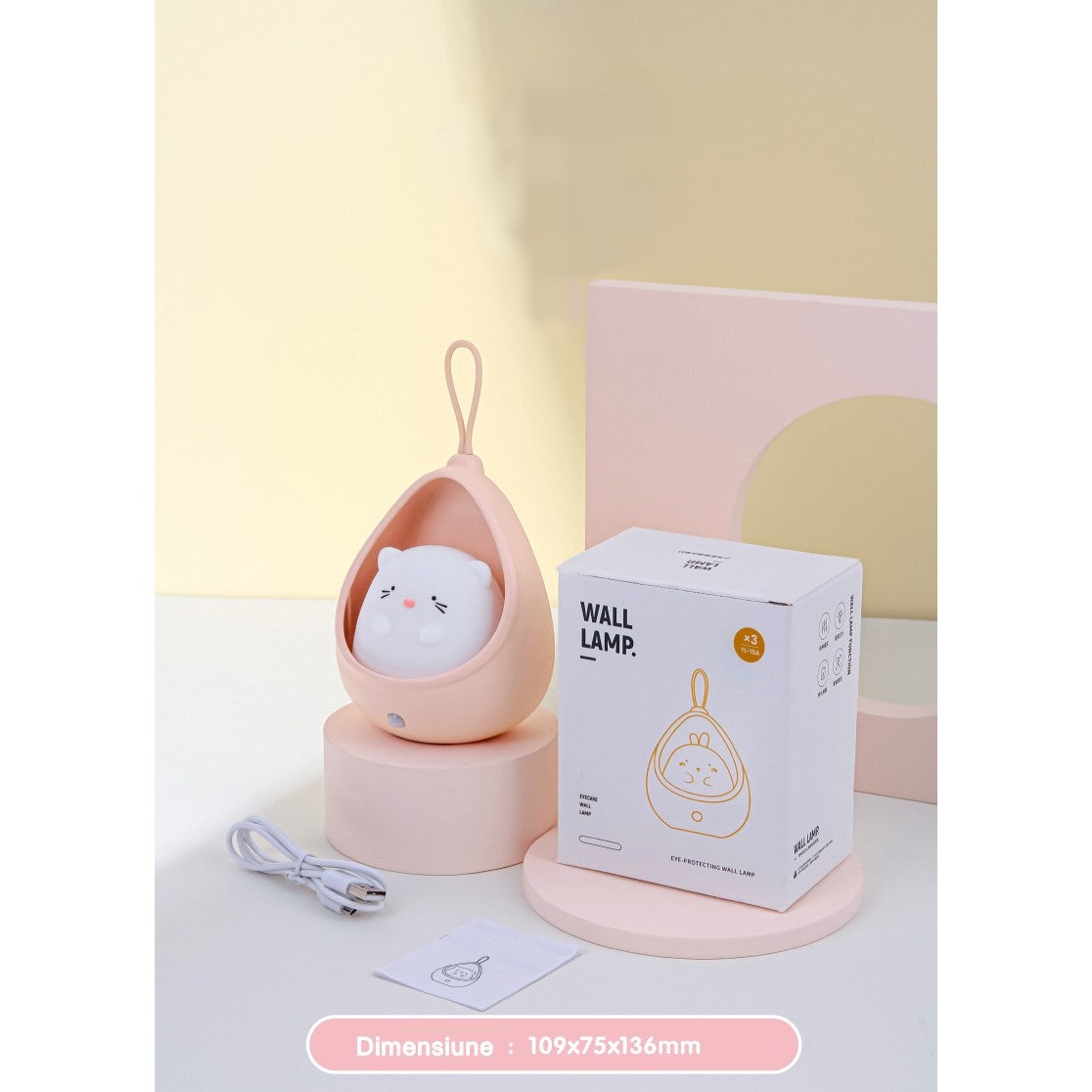 Lampa De Veghe Portabila Pentru Copii Cu Senzor De Miscare, Silicon Non-Toxic Si Plastic, Reincarcabila USB, Acumulator 1200mAh, Model Iepuras, Roz